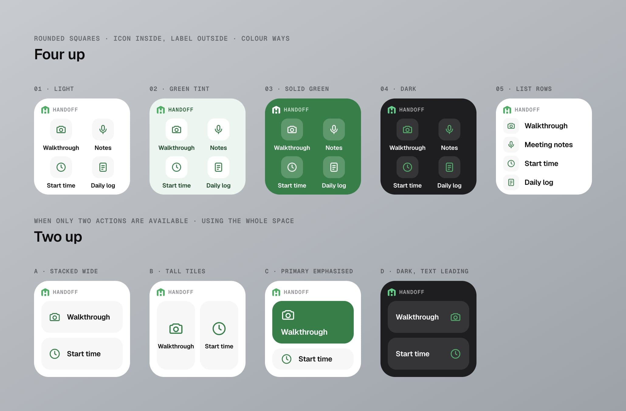A Paper board of small widget explorations: five colorways for a four-action grid, and four layouts for a two-action widget.