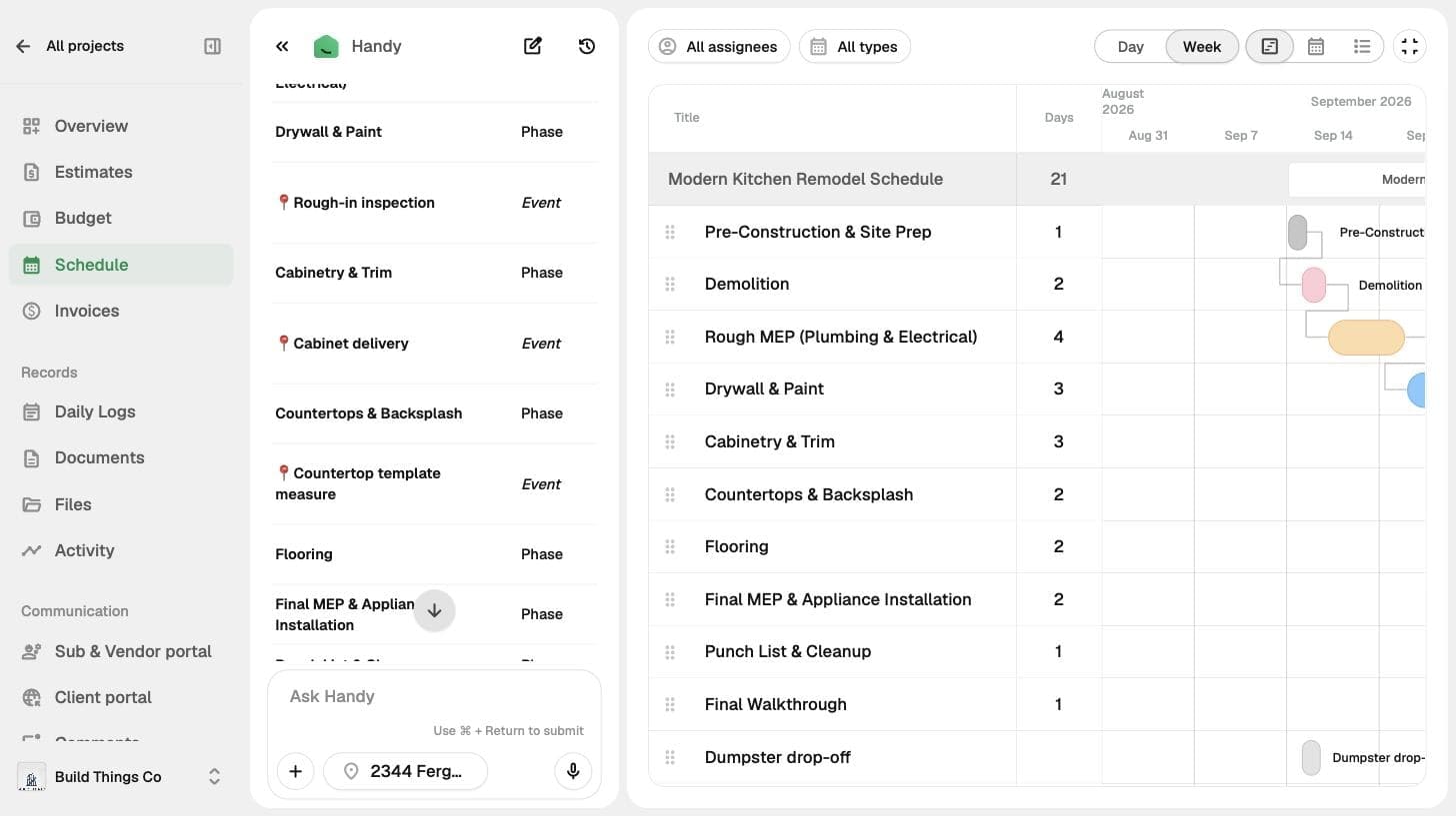 Handoff AI generating a project schedule next to the timeline it is building