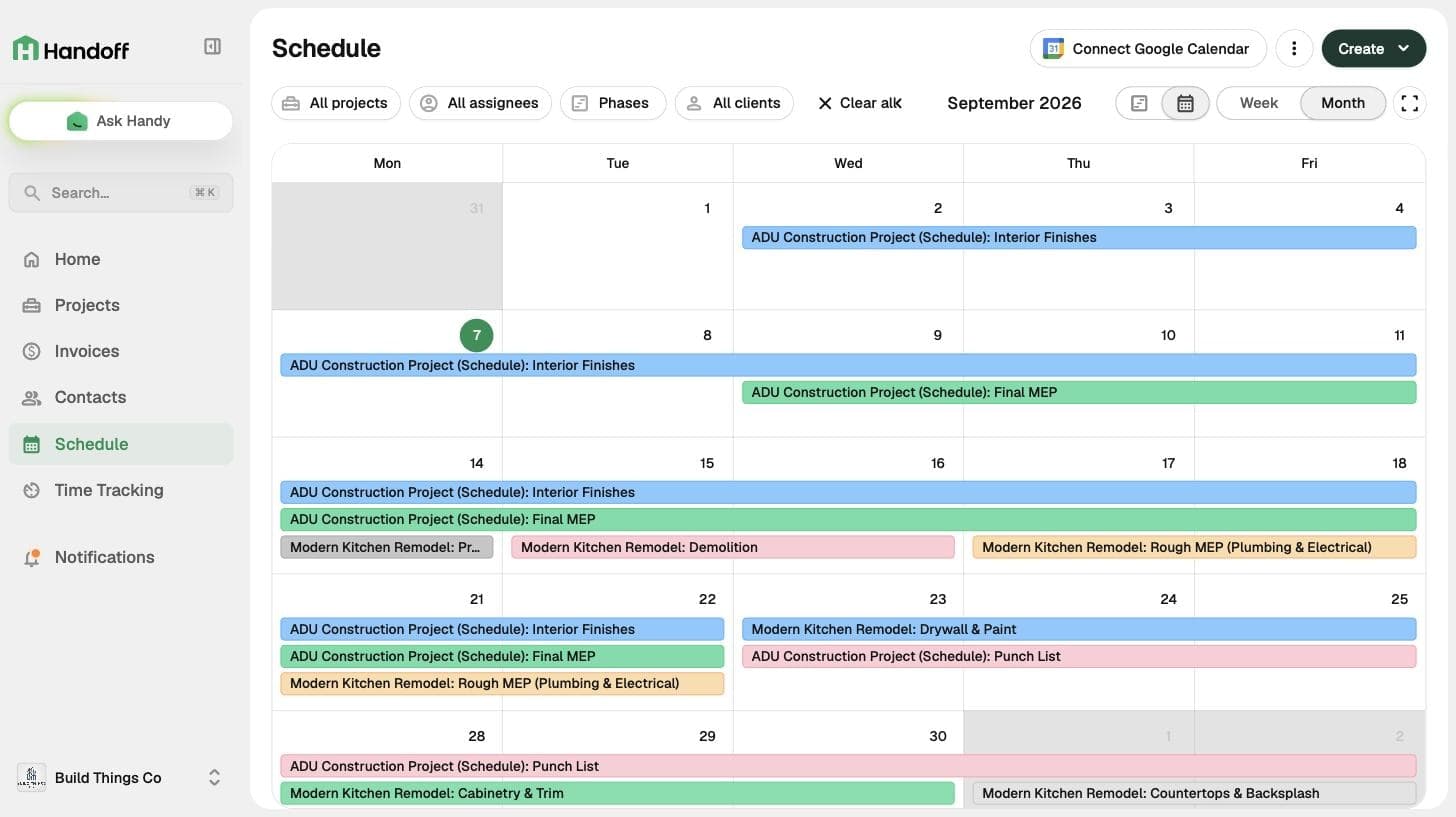 Global schedule showing phases from several projects on one calendar