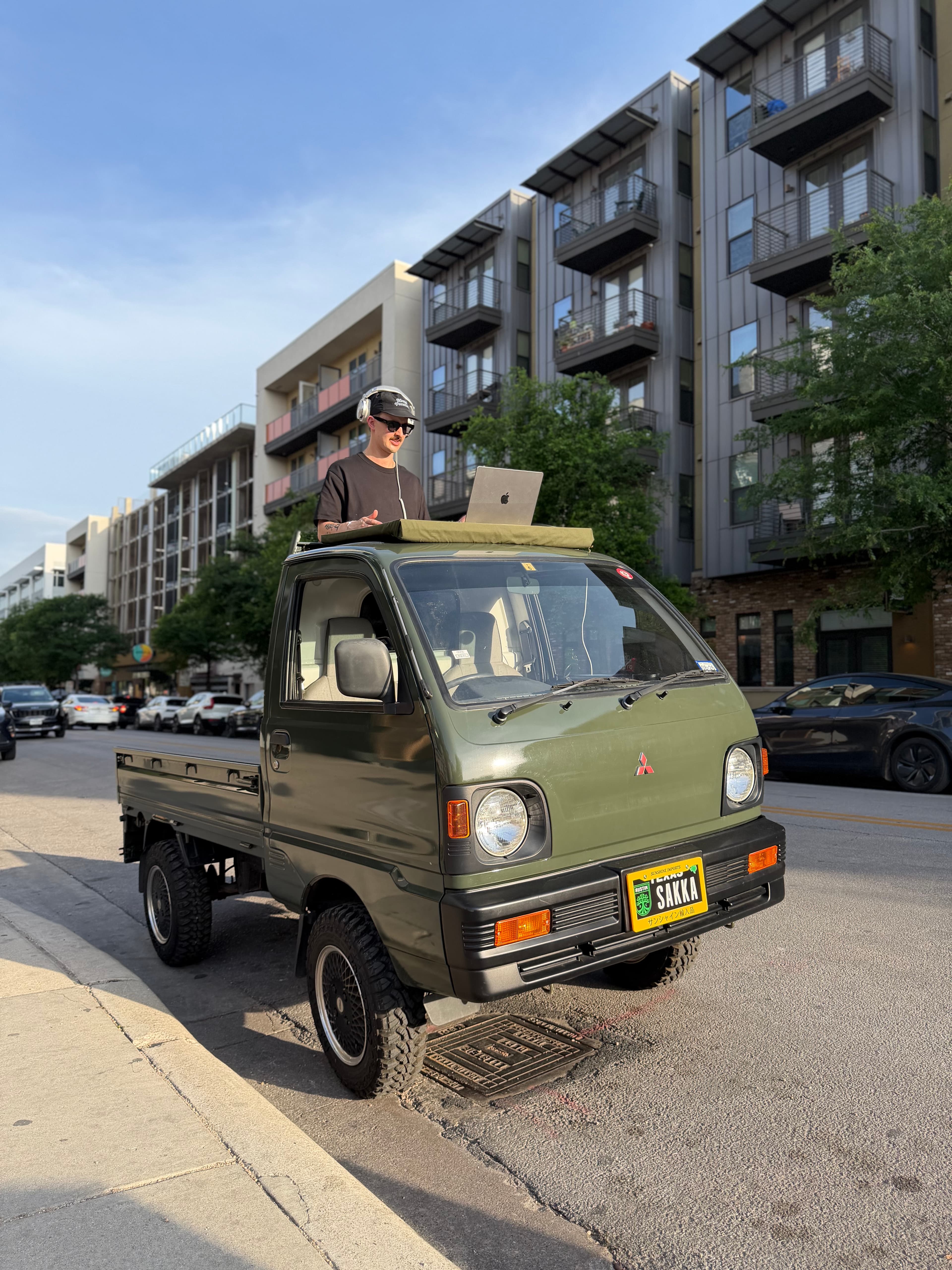 DJing from the roof of the Sakka truck, Austin